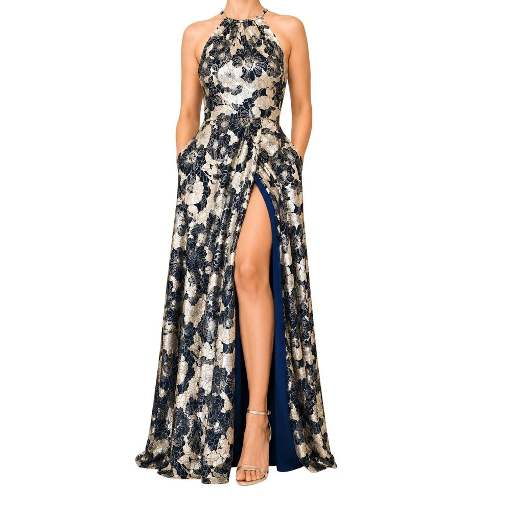 Betsy & Adam Navy Gold Metallic Floral Brocade Halter Maxi Dress Size 4